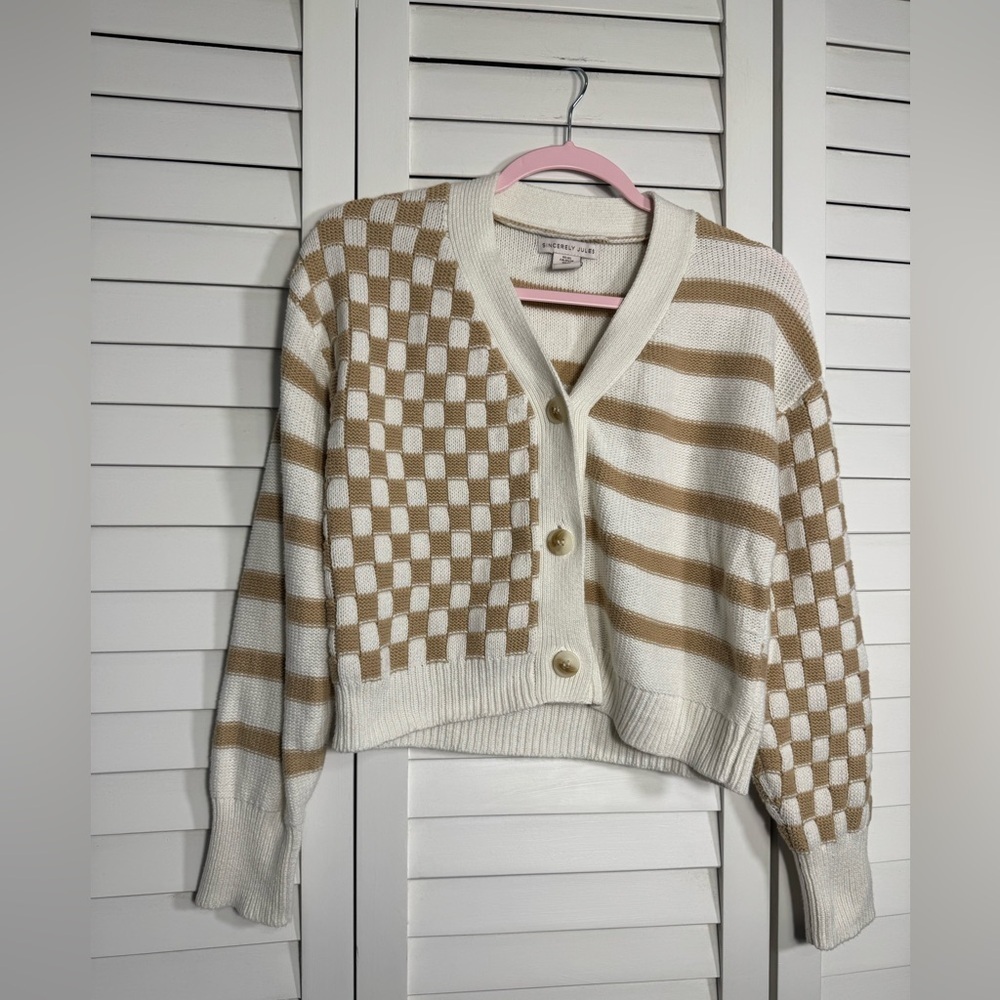 Sincerly Jules Women's Mixed Checked & Striped Cardigan Sweater Size XS - Picture 4 of 5
